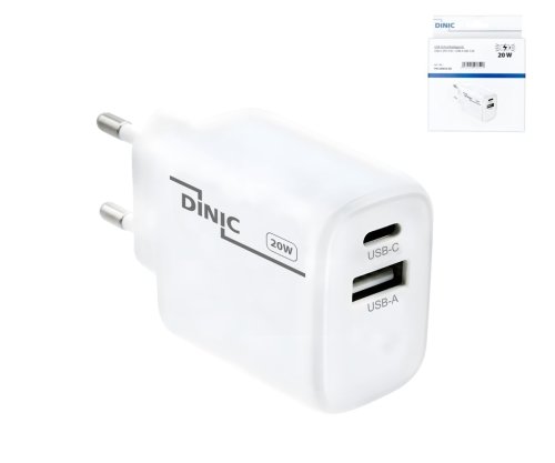 Nabíjačka/napájací zdroj USB C+A 20 W, PD, biela, krabica Power Delivery, biela, DINIC Box